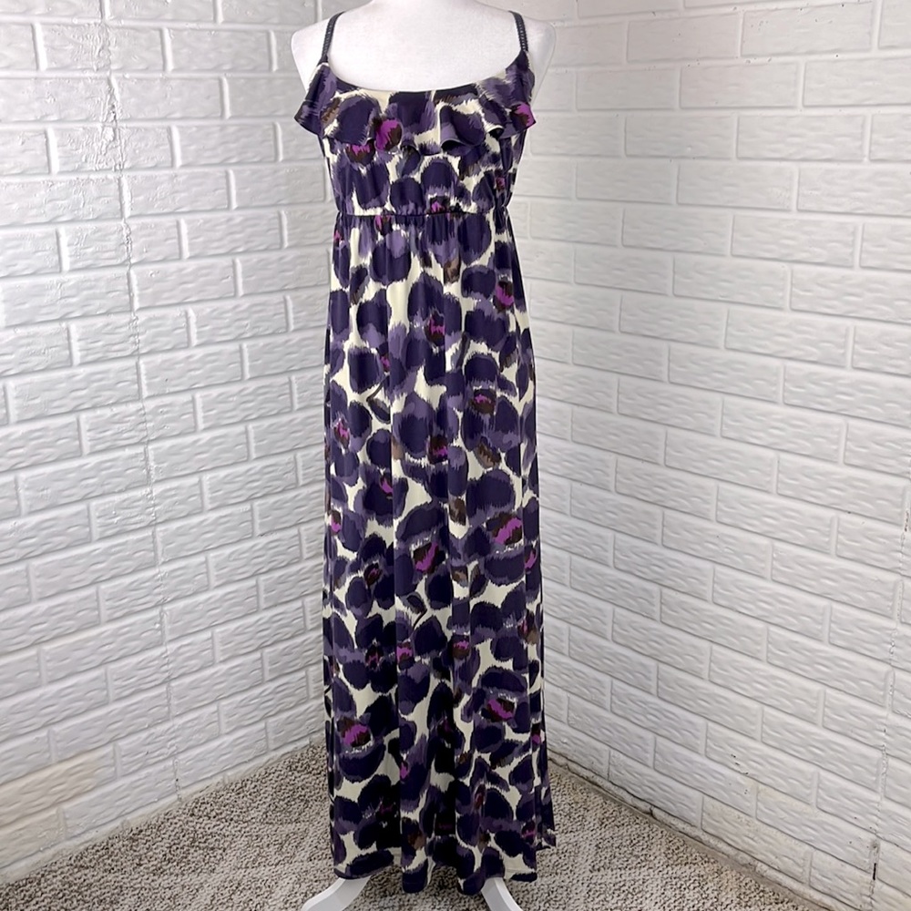 ELLE Maxi Dress Criss Cross Strappy Back Purple Floral Ruffle Size Large